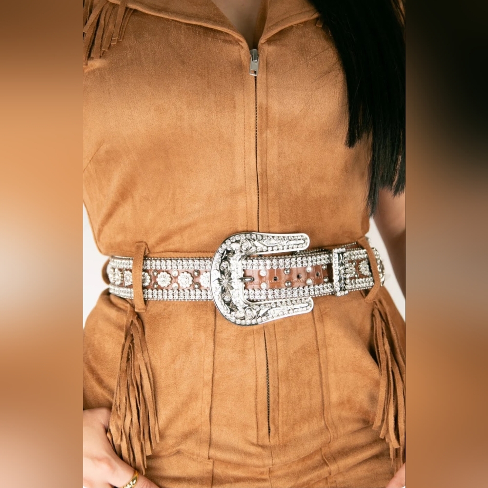 Angel Ranch Crystal Cowgirl Leather Belt in Brown Size S
